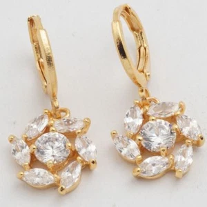 Pretty New Yellow Gold Filled Round & Marquis Clear CZ Flower Dangle Earrings - Picture 1 of 3