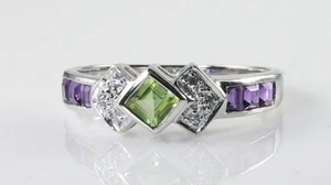 SUFFRAGETTE 9k  WHITE GOLD PERIDOT AMETHYST DIAMOND ART DECO INS ETERNITY RING - Picture 1 of 5
