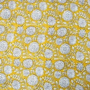 Indian Block Printed Mustyred Yellow Floral 100% Cotton Women Dress Fabric Craft - Picture 1 of 2
