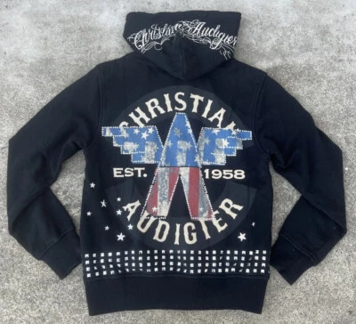 Christian Audigier Logo Estrás Nuevo con Etiquetas Cremallera Sudadera con Capucha Suéter Para Hombres Talla Pequeña Foto 1 de 4