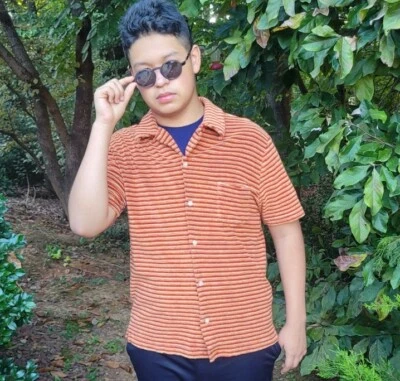 Vintage 90s GUESS Terry Striped Button Up Shirt, Orange & Brown size XL - Image 1 of 4