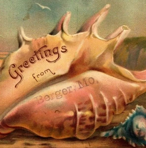 Greetings from Berger MO Seashell Conch Shell Antique Missouri Postcard 1910's - Picture 1 of 3