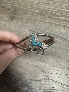 Vintage Turquoise Stone Inlay Unicorn Motif Open Work Cuff Bracelet Bin E - Picture 1 of 2