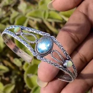 Labradorite, Ethiopian Opal Bracelet 925 Sterling Silver Cuff Party wear Bangle - Picture 1 of 8