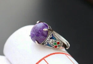 Anello D10 Lilla Charoite Pietra Sogno Siberiano 925 Argento Sterling Regolabile - Foto 1 di 4