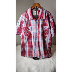 Levis Mens Plaid Short Sleeve Western Shirt Pearl Snap Button Pockets Red Blue - Picture 1 of 6