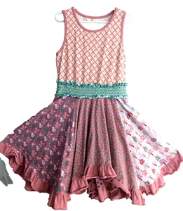 Matilda Jane dress 8y sleeveless multi fabric curved ruffle layer hems aqua/pink - Picture 1 of 5