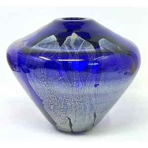 Dan Bergsma Art Glass Vase Navy Blue Metallic Gold Silver Foil Leaf Pilchuck - Picture 1 of 8