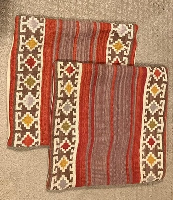 Pottery Barn Indian Wool Kilim Throw Pillow Cover, 18" Square Handmade Set of 2 - Image 1 of 4