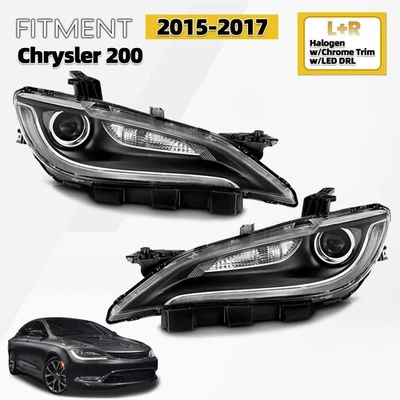 Halogen Headlight For 2015-2017 Chrysler 200 w/LED DRL w/Chrome Trim Left+Right - Image 1 of 4