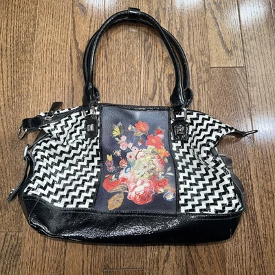 SHARIF 1827 LEATHER HANDBAG Purse Black & White + Painted Floral Embroidery EUC - Image 1 of 4