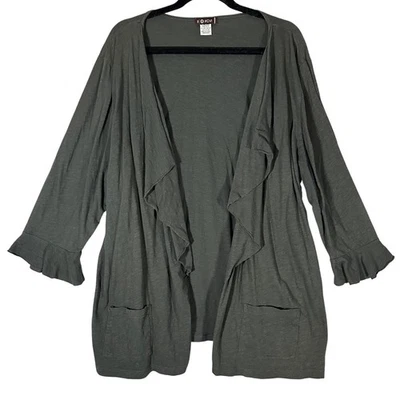 XCVI Ruffle Front Open Cardigan Ruffle Cuff Sz 3X Gray Drapey Cascade Lagenlook - Image 1 of 4