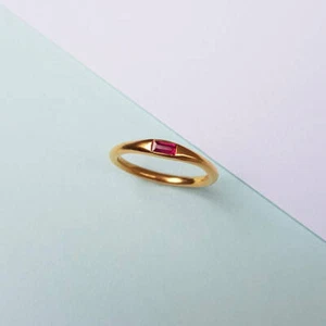 Simulated Pink Ruby Women Solitaire Party Simple Ring In Solid 10K Yellow Gold - Picture 1 of 6