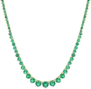 Lab Created 12Ct Green Emerald 3-Prongs Tennis Necklace 14K Yell Gold Plated 18" - Picture 1 of 4