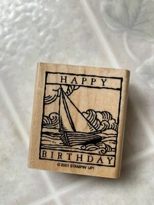 Happy Birthday Rubber Stamp Stampin up 2001 Single WONDERFUL WOODCUTS - Picture 1 of 4