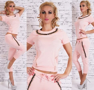 Women's 2 Piece Tracksuit Capri Set Eye-Catching Gold Chain Accents Stylish Look - Picture 1 of 32