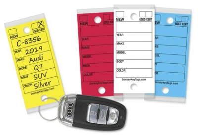 DONKEY AUTO PRODUCTS Car Dealer Key Tags (Laminated Self-Protecting) (250 Tags w/ Metal Rings)