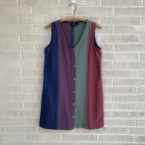 Lazy Oaf Striped Denim Jumper Dress MEDIUM 100% Cotton Full Button Color Block - Picture 1 of 8
