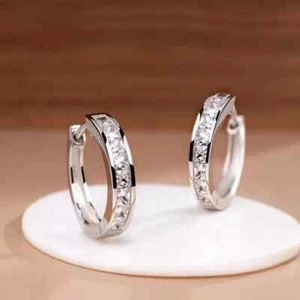 Princess Clip-On Huggie Hoop Earrings Lab Created Diamond 14K White Gold Plated - Picture 1 of 7