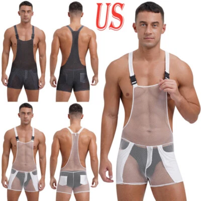Mens Bodysuit Sheer Jumpsuit Racer-Back Catsuit Fishnet Overalls Sexy Rompers - Immagine 1 di 3