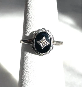 PETER STONE WHITE GOLD ONYX & DIAMOND RING SIZE 5.25 - Picture 1 of 9