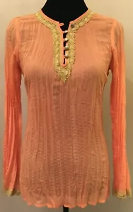 Blusa campesina plisada Cache para mujer talla XS naranja dorada metálica encaje manga campana - Imagen 1 de 9