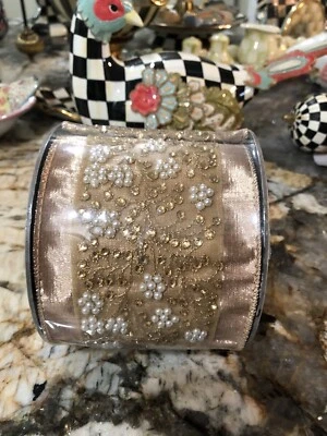 D STEVENS GOLD JEWELED PEARL EMBROIDERED WIRED RIBBON - Image 1 of 4