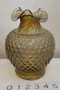 Vtg Amber Indiana Hobnail Glass Vase Ruffled Edge ribbed neck gorgeous 8.5x5.5  - Picture 1 of 5