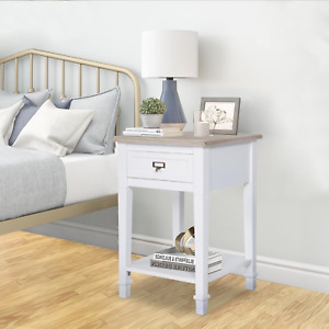 White Side Table with Drawer and Storage Shelf Wood End Table Nightstand for Liv