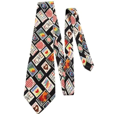 Vintage Nicole Miller Silk tie Mens Love theme Stamps made in Korea hand sewn - Image 1 of 4