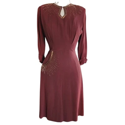Vintage 1940s Beaded Dress in Brown Copper Crepe w/Keyhole Small - Image 1 of 4