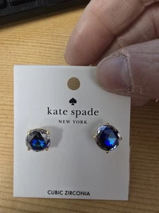 BRAND NEW Kate Spade Crystal Stud Earrings Round Blue Gold Plate Bright - Picture 1 of 2