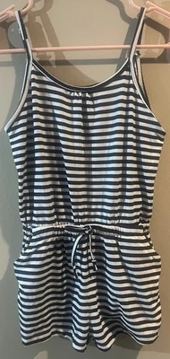 Poof Girl Striped White Blue Short Romper Jumpsuit Size 10-12 Sleeveless - Image 1 of 4