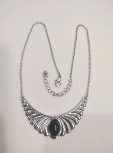 Vintage ST Black Cabochon Pendant Dainty Chain Necklace, 16"-18", C3 - Picture 1 of 3