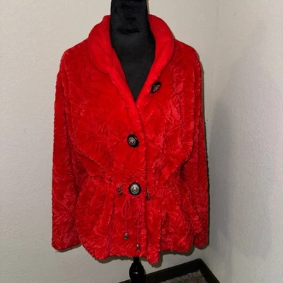 Vintage Duffel Outdoor Women’s Size Medium Red Fuzzy Jacket Button Up w Pockets - Image 1 of 4