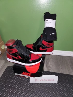 Jordan 1 Retro OG High Patent Bred Size 9 NEW IN BOX XI Leather BLACK RED 10 - Image 1 of 4