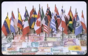 Telecard 5u con bandiere e valuta di molti paesi (bella carta!) Scheda telefonica - Foto 1 di 2