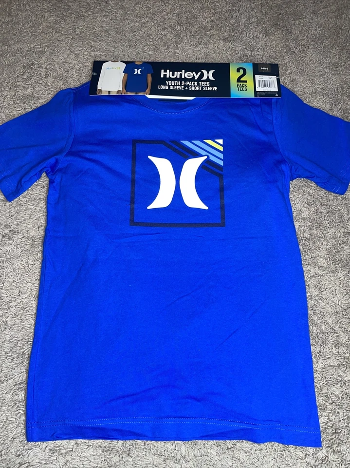 Boy's Hurley 2-Pack Tee Shirts SS Blue and LS White Size Large (14 - 16)