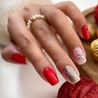 Full Cover Gold pink Christmas tree False Nail Medium Length Nail Tips  Girl