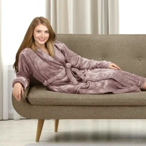 NY Threads Womens Fleece Bath Robe, Shawl Collar Soft Plush Spa Robe, Taupe, s M - Picture 1 of 4