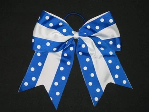 NEW "Double Dots ROYAL & WHITE" Cheer Bow Pony Tail Ribbon Hair Cheerleading - Picture 1 of 1