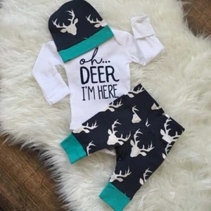 3PCS Newborn Infant Baby Boy Deer Outfit Romper Tops+Pants+Hat Clothes Set - Picture 1 of 3