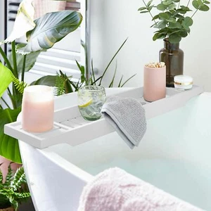 MADERA BLANCA BAÑO ALMACENAMIENTO CADDY ESTANTE PUENTE BAÑERA BANDEJA VELAS RELAX - Imagen 1 de 6