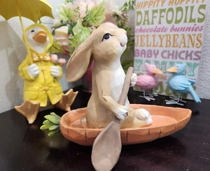 Easter Bunny Rabbit Paddling Carrot Canoe Resin Figurine Statue Tabletop Decor - Picture 1 of 6