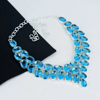 Graziosa Topazio Blu Gemma 925 Argento Gioielli Collana Anniversario Regalo - Immagine 1 di 4
