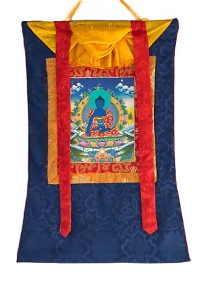 PINTURA THANGKA TIBETANA ORIGINAL MEDICINA BUDA/BHAISAJYAGURU CON MARCO DE SEDA Foto 1 de 4