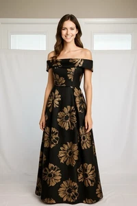 Abito vestito donna Nicole Miller nero oro floreale spalle scoperte 14 formale - Foto 1 di 7