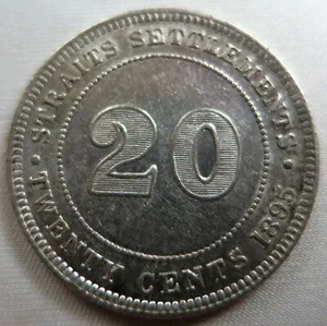 STRAITS SETTLEMENTS Malaysia 20 cents 1895 About UNC Queen Victoria Britain #B20 - Picture 1 of 2