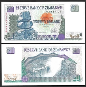 ZIMBABWE - PICK 7a - 20 DOLLARS - 1997 - GEM UNC - PREFIX DS - VICTORIA FALLS - Picture 1 of 1