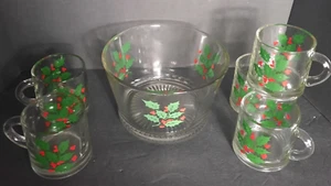 Indiana Glass Holly And Berry Party Bowl w/ 5 Mugs Christmas Holiday Vintage - Picture 1 of 5